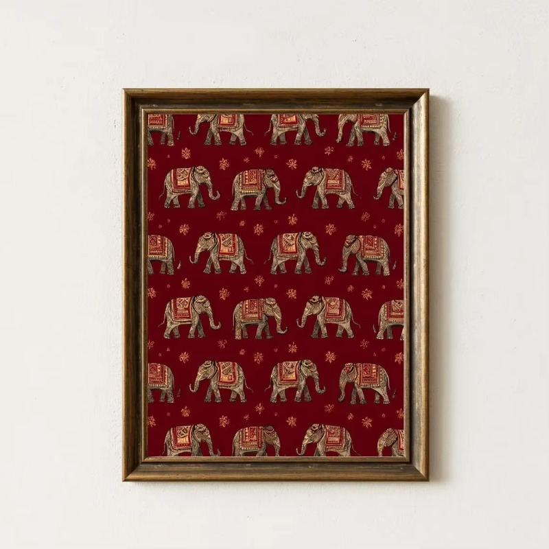 Interior Design Poster - Indische Olifant Patroonprint, Rode Textiel Wandkunst,