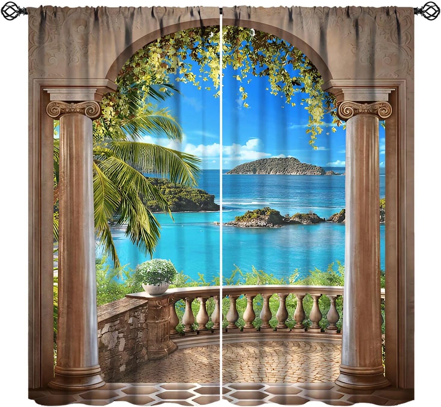 Interior Design Youtube - Tropische Strandzichtgordijnen, Draperieën, Boogvensterdecoratie, Digitaal Geïllustreerd