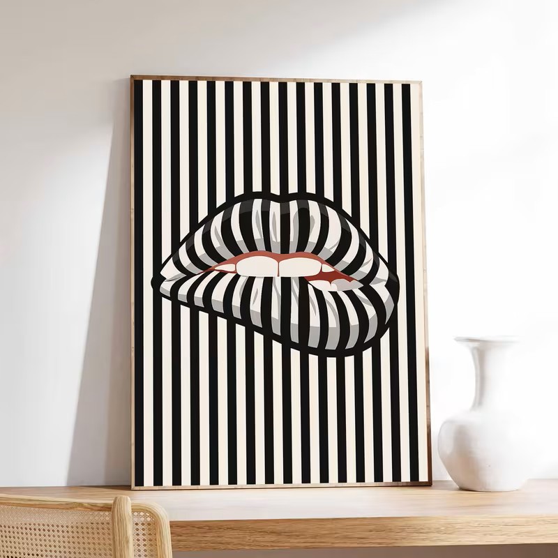 Interior Design Poster - Eenvoudige en abstracte gestreepte lipvormige canvas